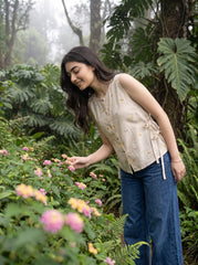 Beige Floral Embroidered Sleeveless Button-Down Top with Side Tie-Up Detail