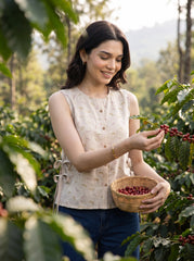 A woman standing in a coffee plantation holds a small woven basket filled with red coffee cherries while picking more from the branches. She is wearing a sleeveless cream-colored top with a subtle pattern and blue jeans.