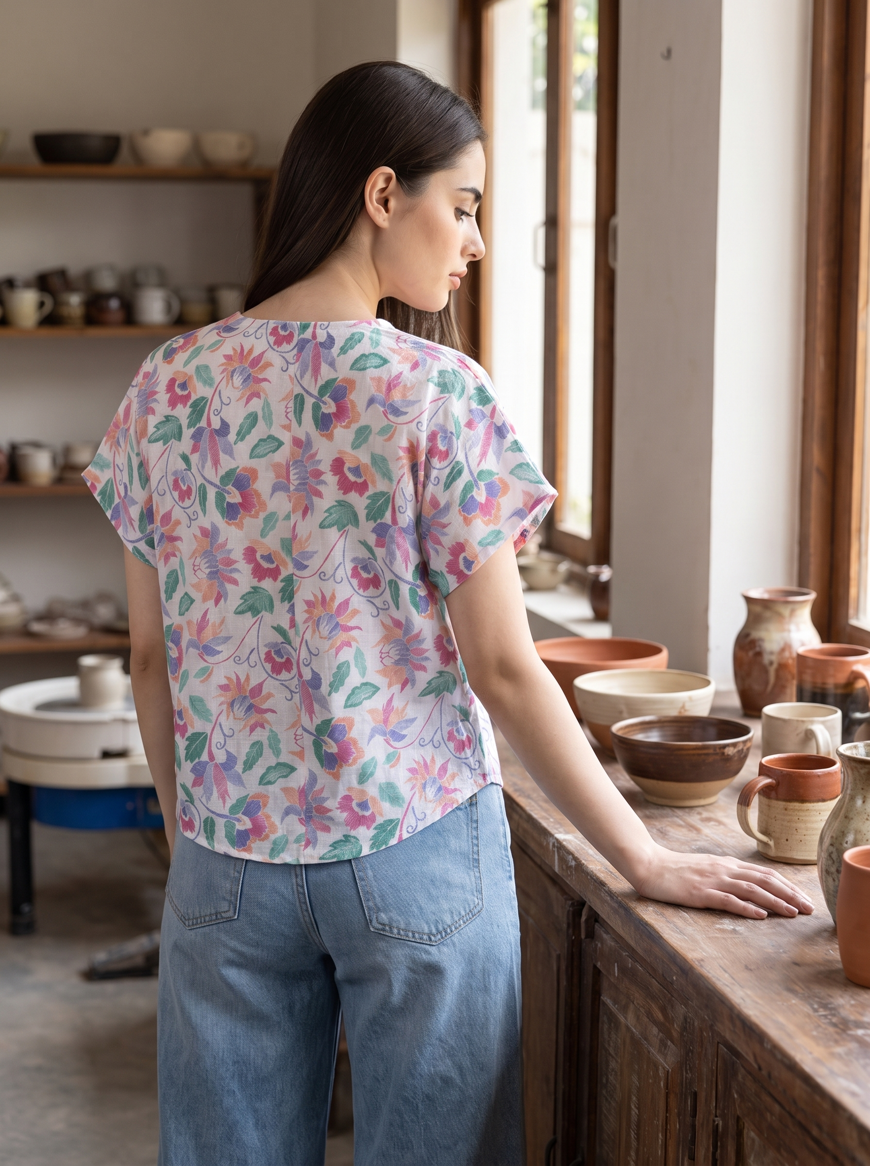 A woman with long dark hair is shown from behind wearing a short-sleeve floral blouse and blue jeans, standing in a pottery studio next to a wooden counter with ceramic bowls and vases.