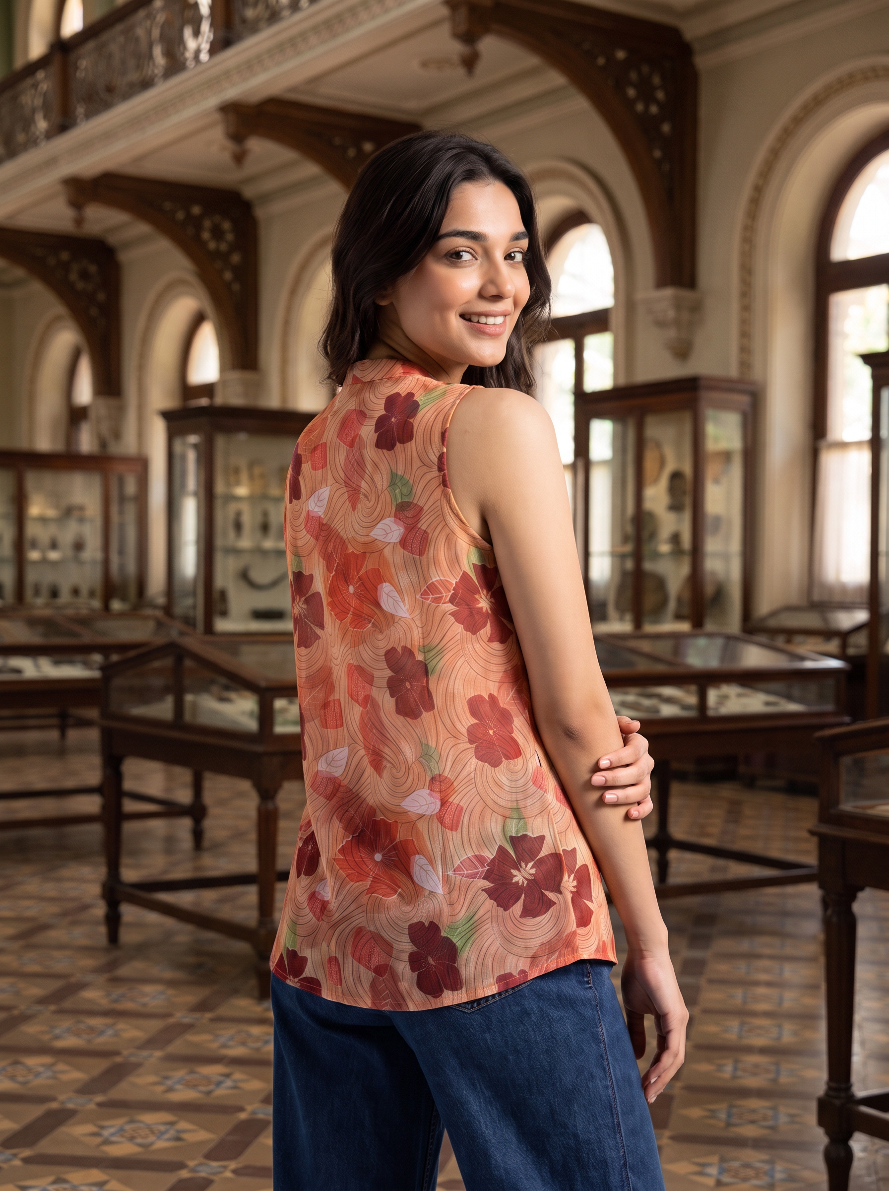 A woman wearing a sleeveless peach-colored top with a red and green floral pattern, paired with blue jeans, standing in a grand, historic museum with display cases and arched windows in the background.