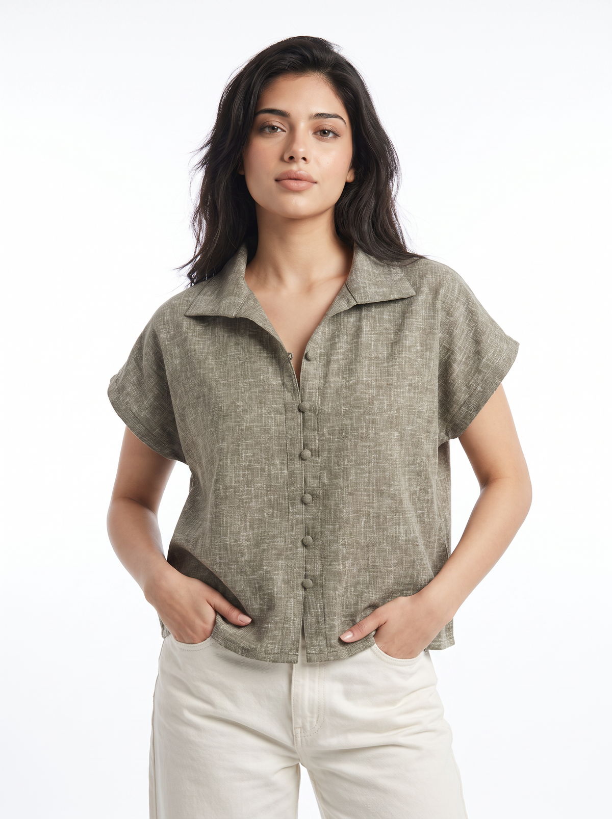 Sage Taupe Textured Collared Button-Down Top