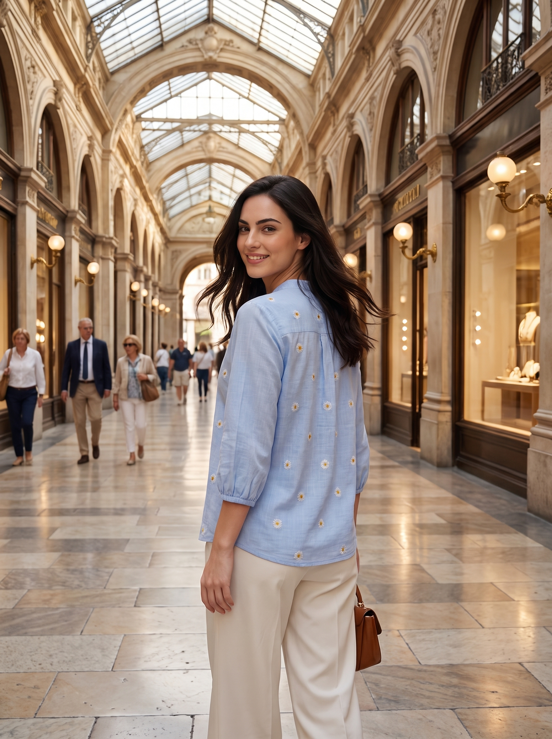 A woman in a light blue embroidered blouse and cream trousers stands in a grand indoor shopping arcade, looking back over her shoulder. The blouse features small white floral embroidery details.