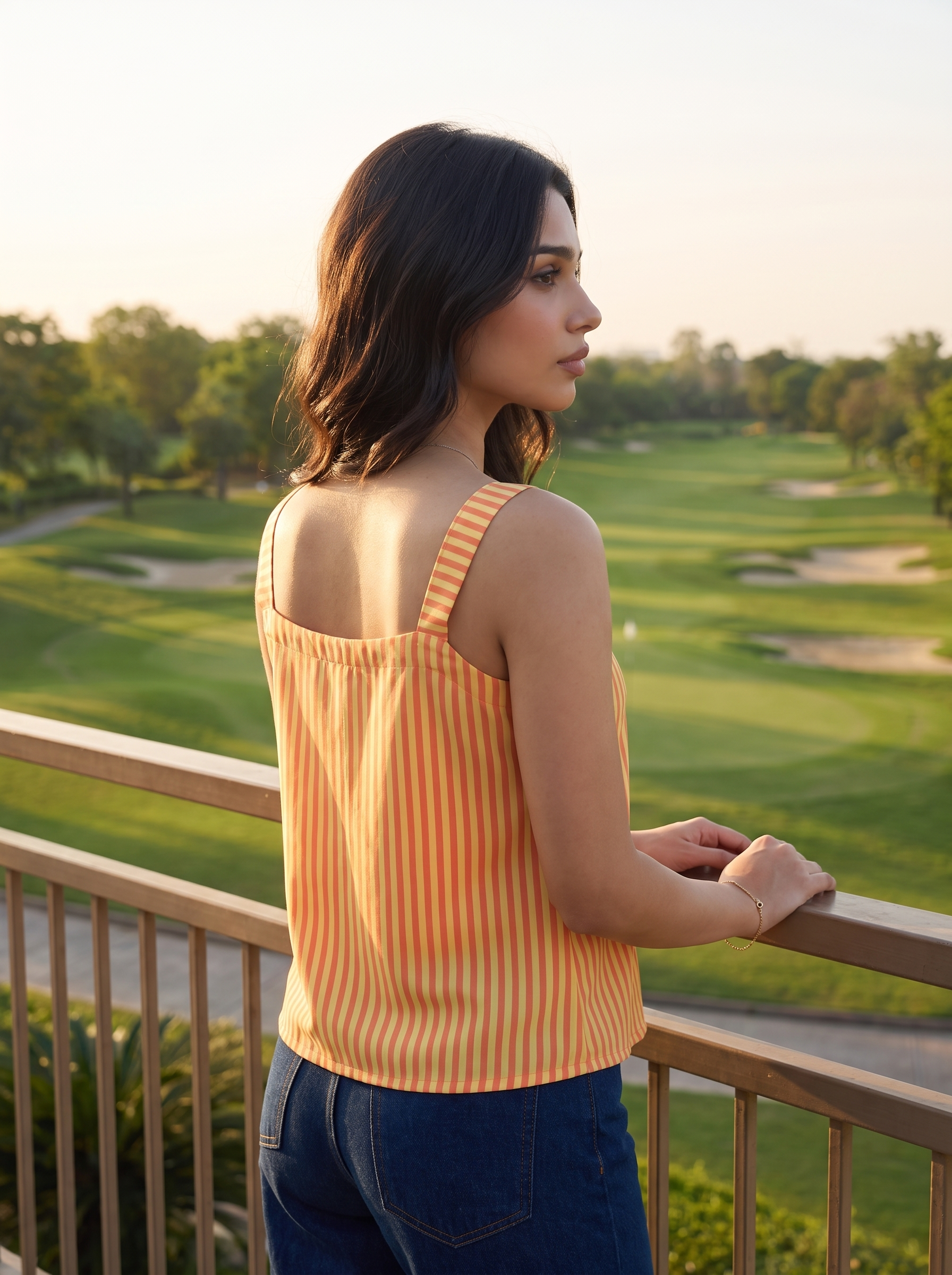 A woman stands on a balcony overlooking a golf course at sunset, wearing a yellow and orange vertically striped sleeveless top and blue jeans.