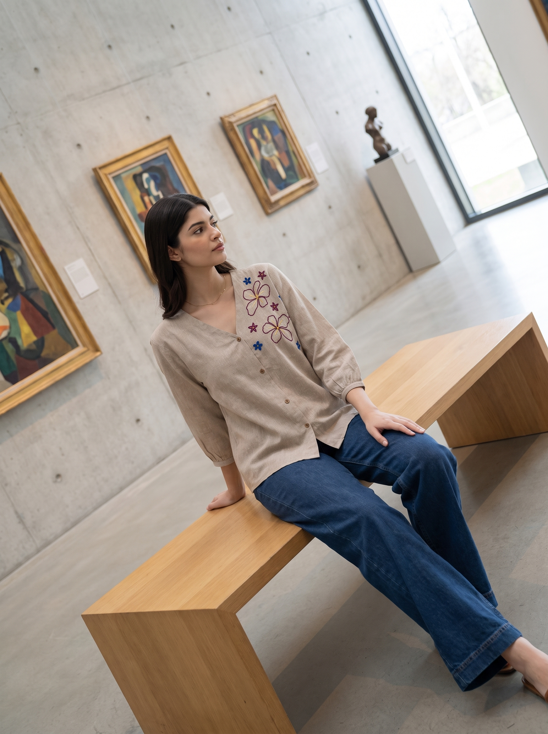A woman sits on a wooden bench in a modern art gallery, wearing a beige embroidered long-sleeve top and blue jeans.