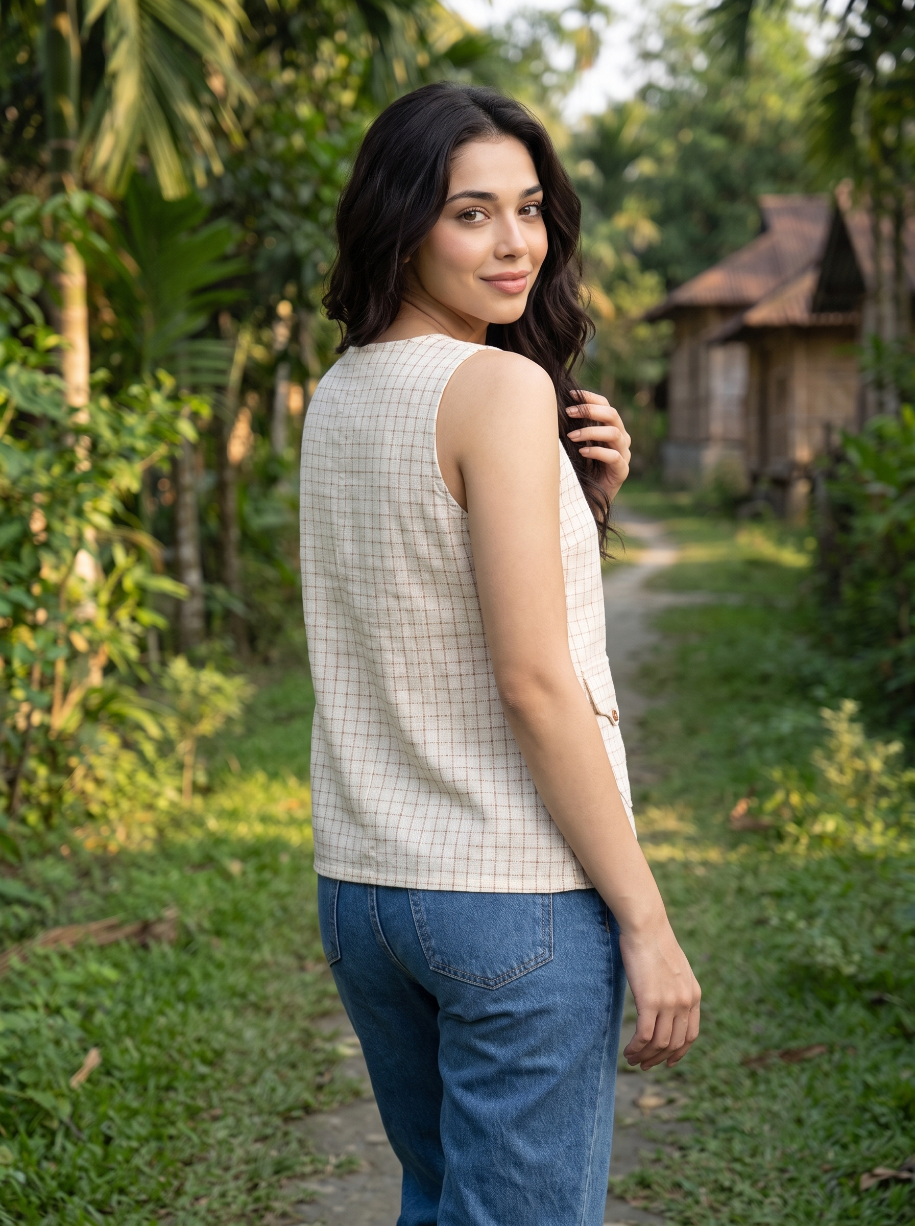 A woman wearing a sleeveless beige and white checkered top with blue jeans, standing outdoors on a path surrounded by lush green tropical foliage.