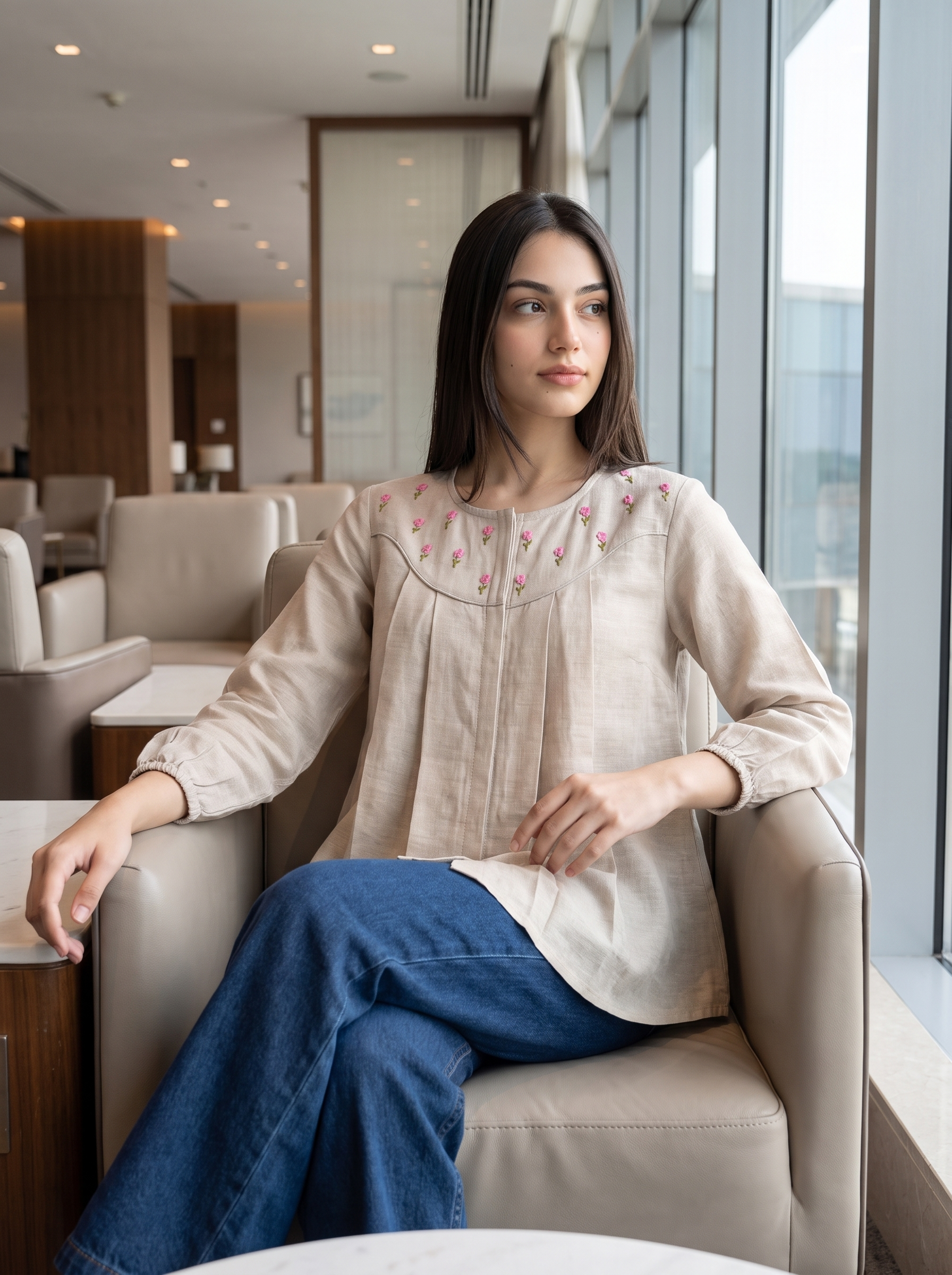 A woman sits in a modern lounge chair wearing a light beige linen top with delicate pink floral embroidery around the neckline, paired with blue jeans.