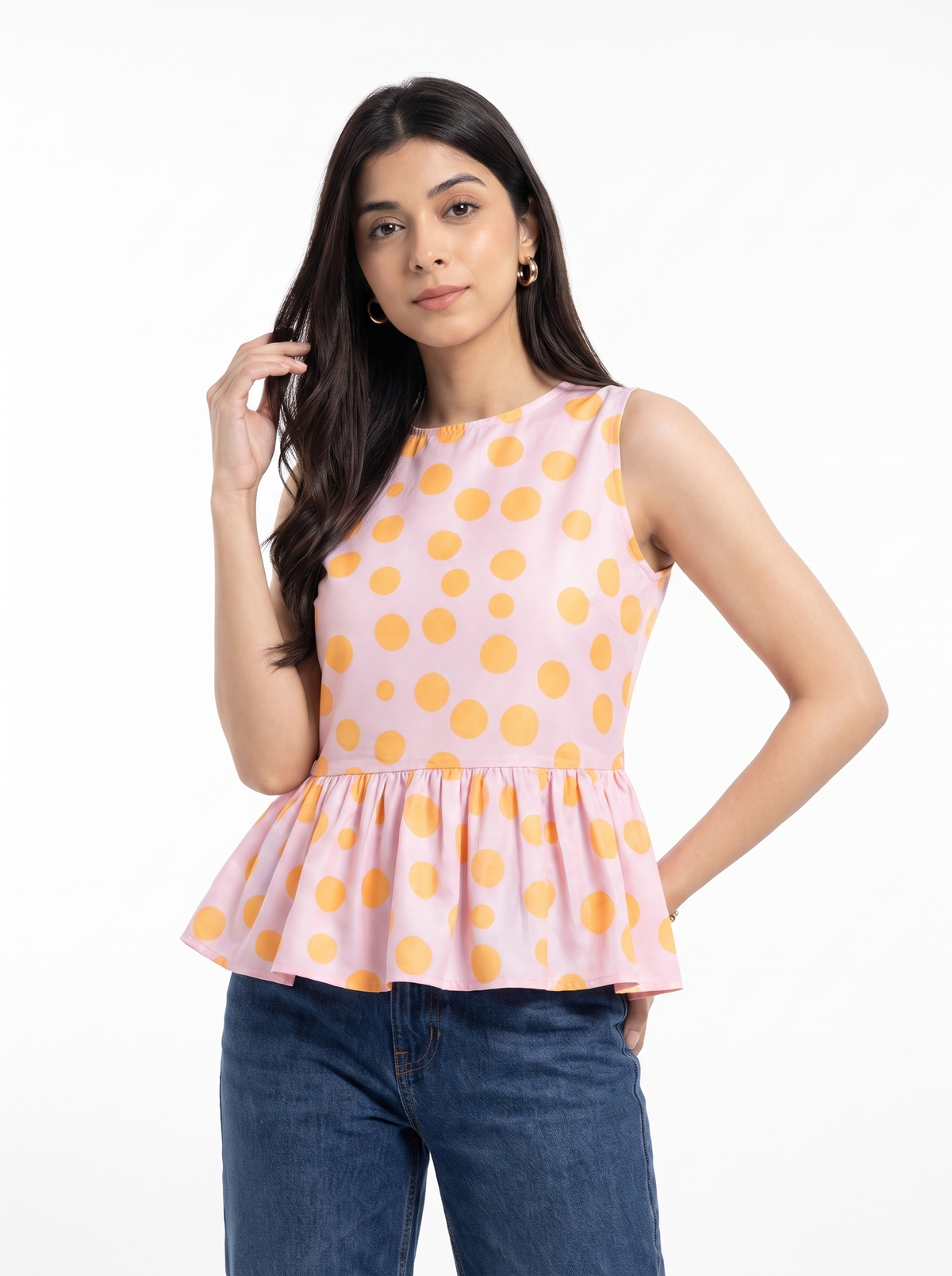 Blush Peach Polka Peplum Sleeveless Top