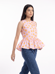 Blush Peach Polka Peplum Sleeveless Top