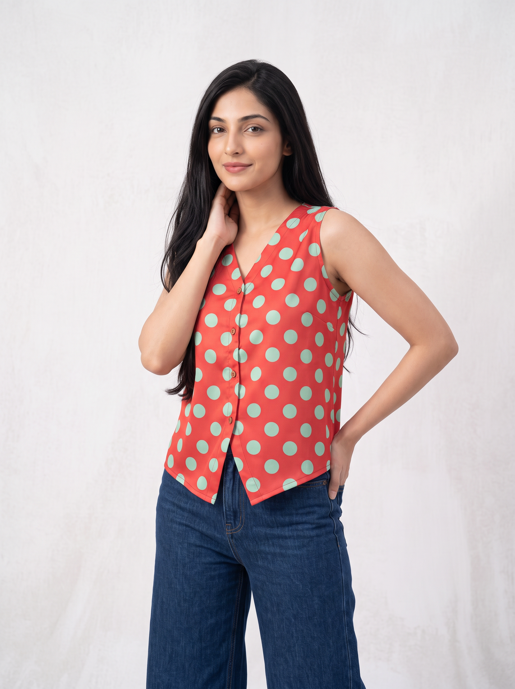 A woman modeling a sleeveless red top with light green polka dots and dark blue jeans, standing against a light gray textured studio background.