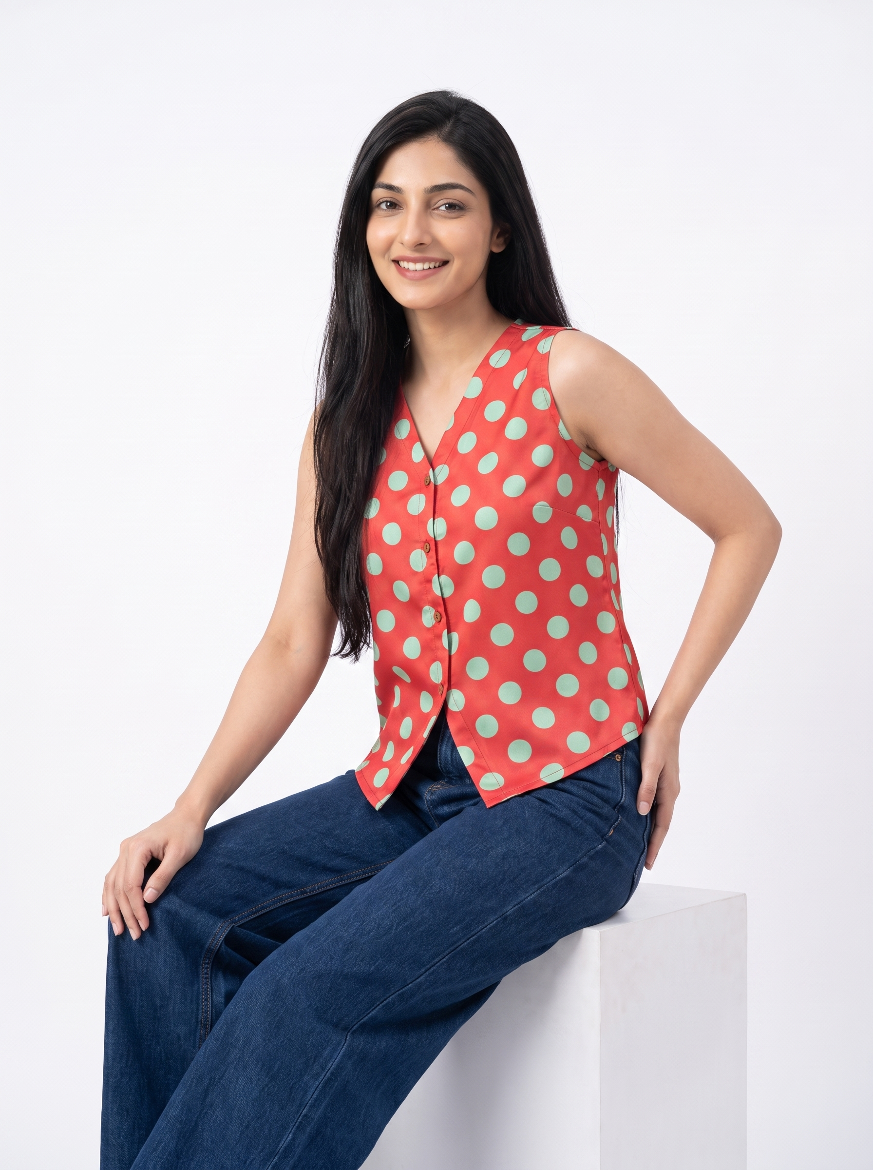 A woman with long dark hair sits on a white block wearing a sleeveless coral-red vest with a mint green polka dot pattern and dark blue wide-leg jeans, against a plain white studio background.
