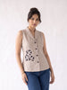Stone Beige Floral Appliqué Sleeveless Collared Button-Down Top