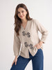 Stone Beige Botanical Appliqué V-Neck Top