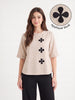 Stone Beige Contrast Floral Appliqué Round-Neck Top