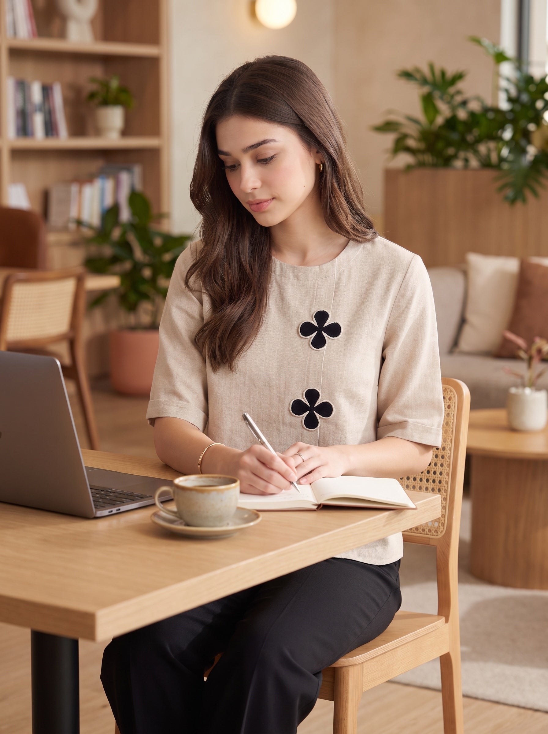 A woman sits at a wooden table in a cozy, book-filled room, writing in a notebook next to a laptop and a cup of coffee. She is wearing a beige linen short-sleeve top with black clover motifs and black trousers.