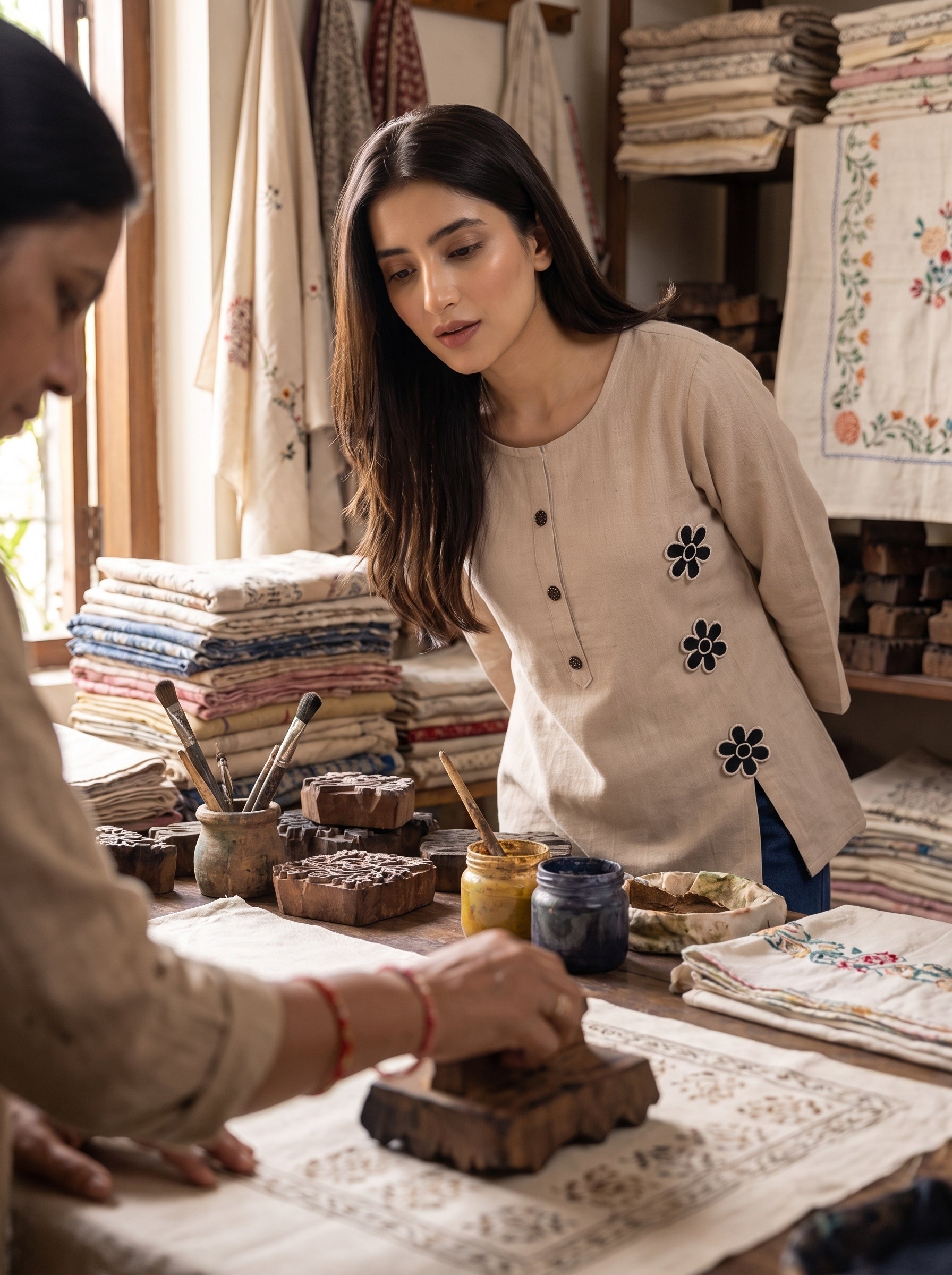 A woman in a beige embroidered kurta stands in a textile workshop, looking down at another person's hands as they press a wooden block onto a piece of fabric. The room is filled with stacks of folded embroidered textiles and sewing tools.