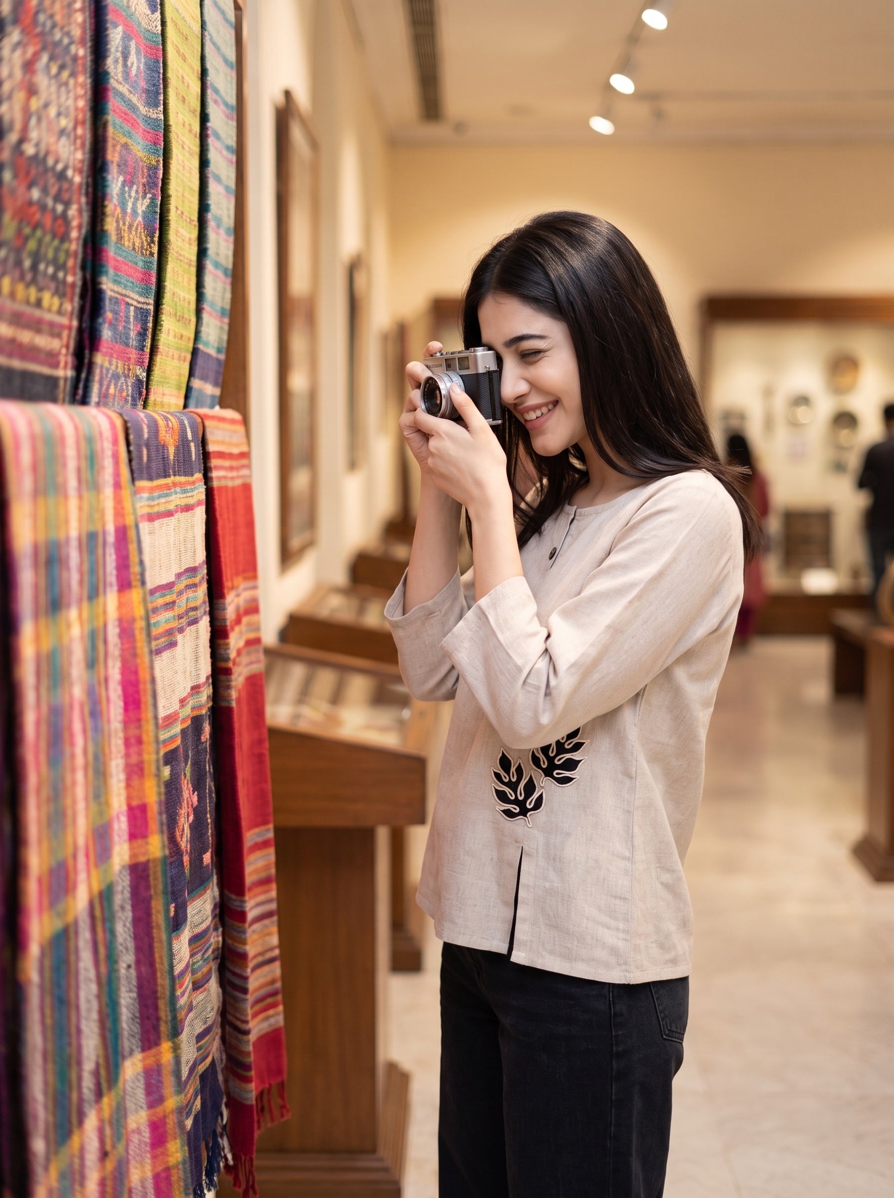 A woman in a beige embroidered top and black pants takes a photo of colorful woven textiles hanging in a gallery or museum.