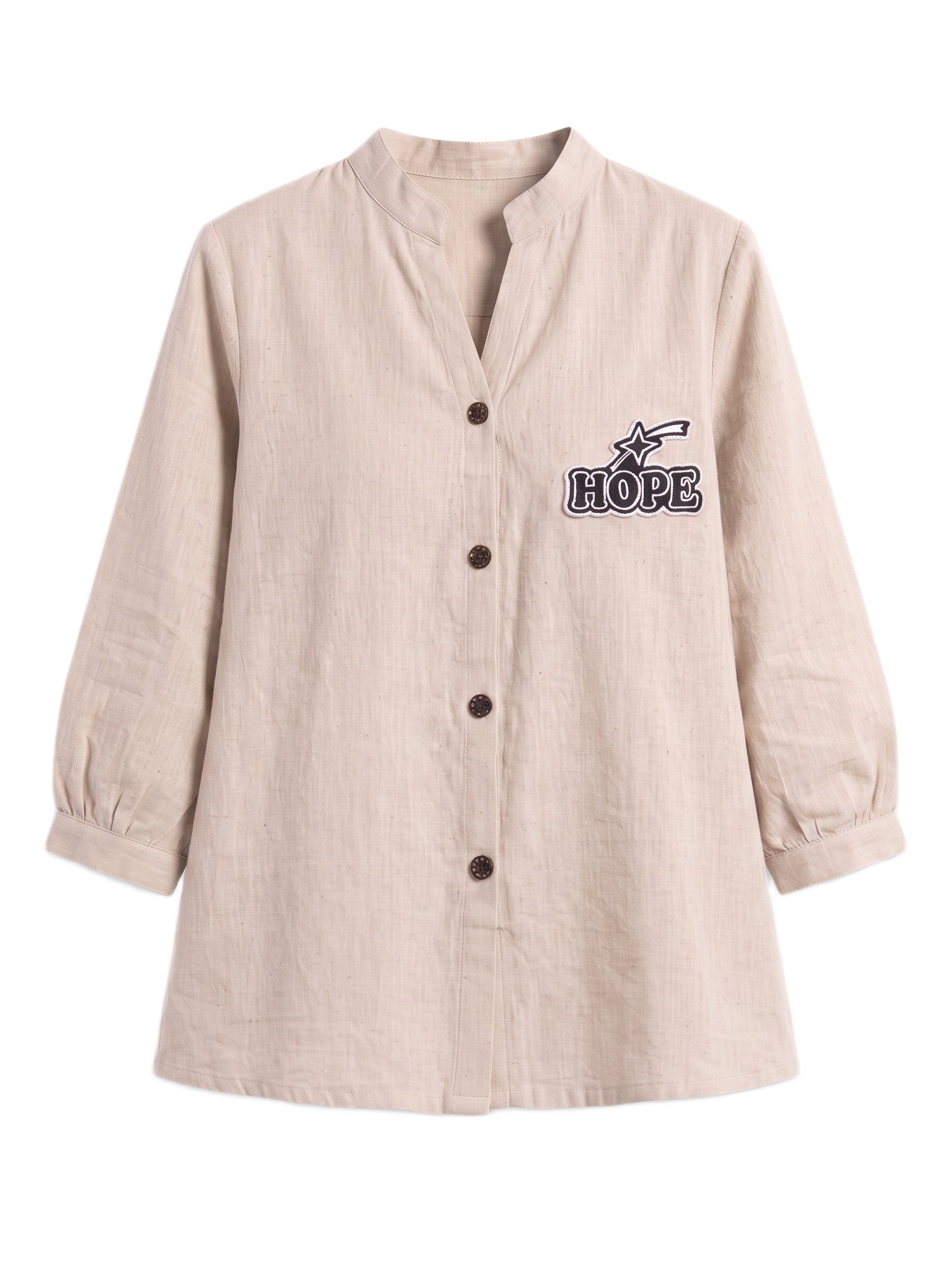 A light beige linen long-sleeve button-up shirt with a stand collar and a black embroidered graphic on the left chest that reads 'HOPE' with a star design, shown on a plain white background.