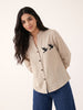 Soaring Dove Appliqué Beige Button-Down Top