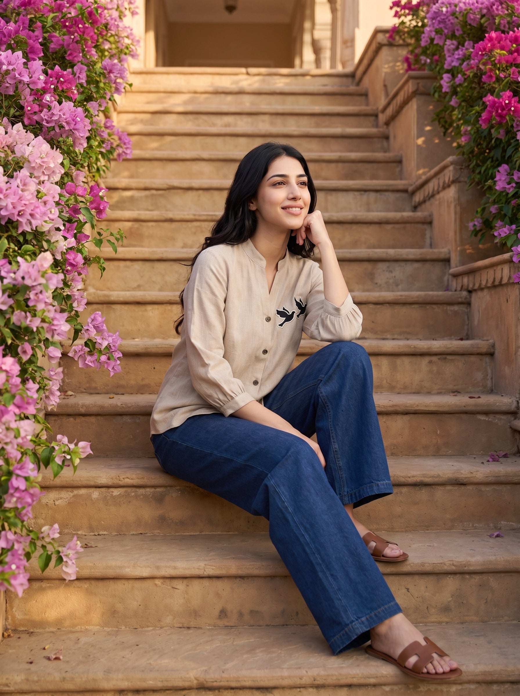A woman sits on stone stairs wearing a beige long-sleeve button-up shirt with black bird embroidery and blue wide-leg jeans, framed by pink flowers on both sides.