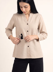 Whisker Pocket Beige Mandarin Collar Top