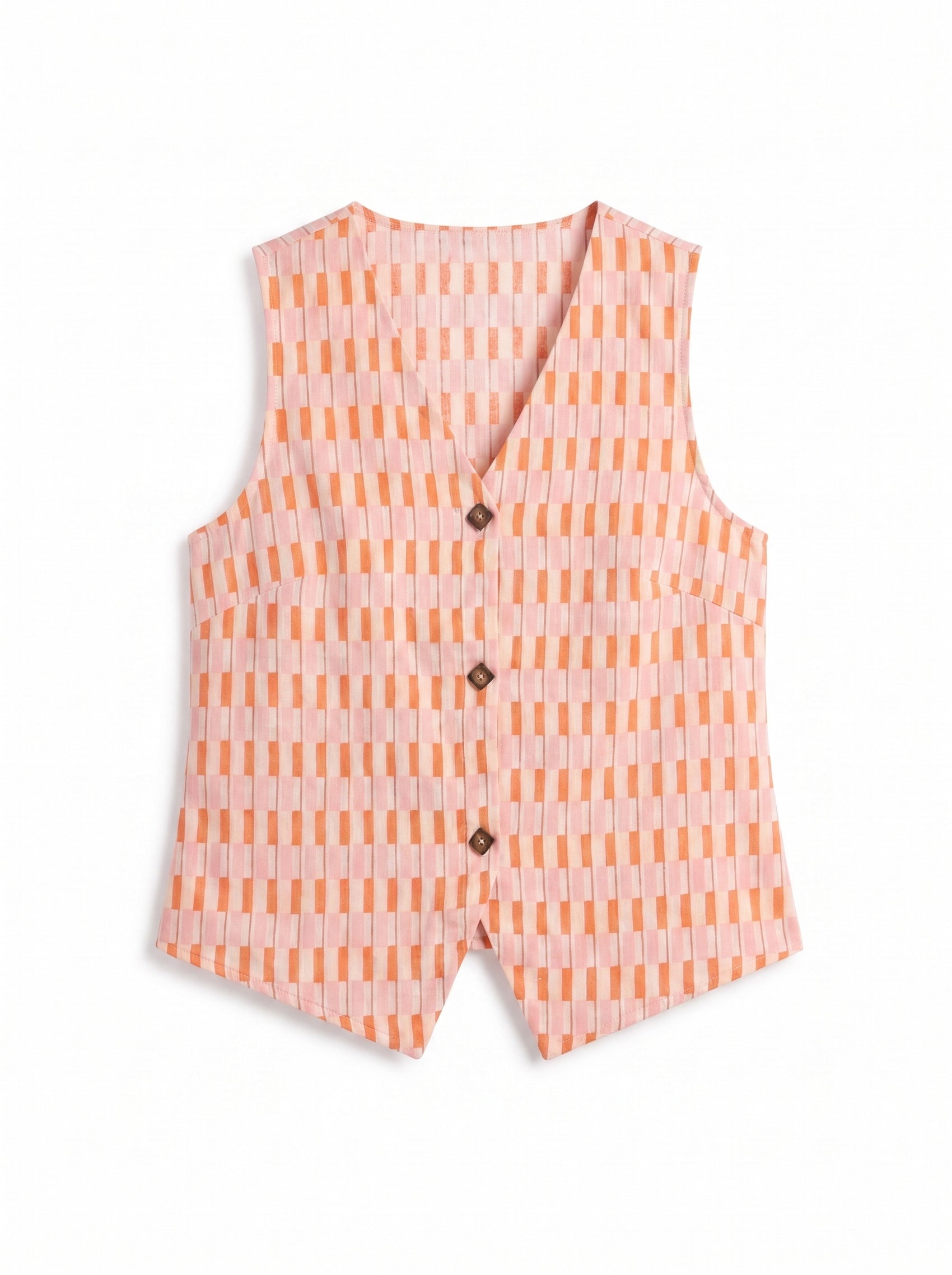 A sleeveless vest with a V-neck and three front buttons, featuring a pink and orange vertical striped pattern, shown flat on a white background.