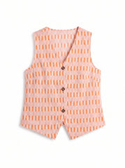 A sleeveless vest with a V-neck and three front buttons, featuring a pink and orange vertical striped pattern, shown flat on a white background.