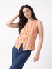 Coral Stripe & Mustard Dot Sleeveless V-Neck Button-Down Top