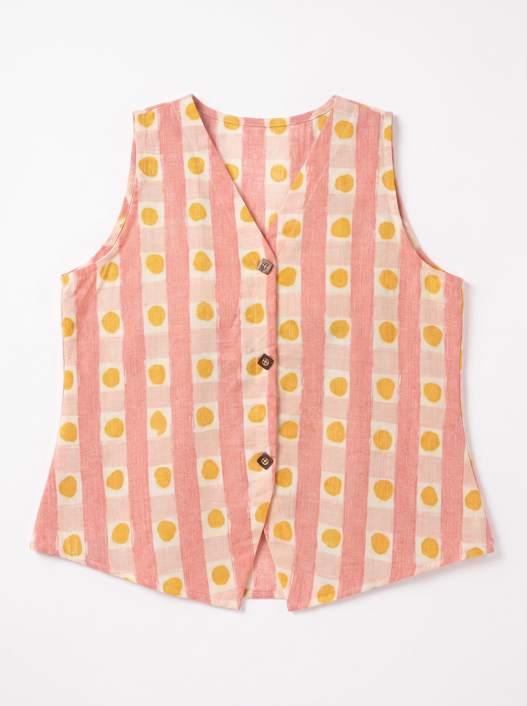 A sleeveless vest with vertical pink and white stripes and yellow polka dots, featuring a V-neck and three brown buttons down the front, laid flat on a white background.