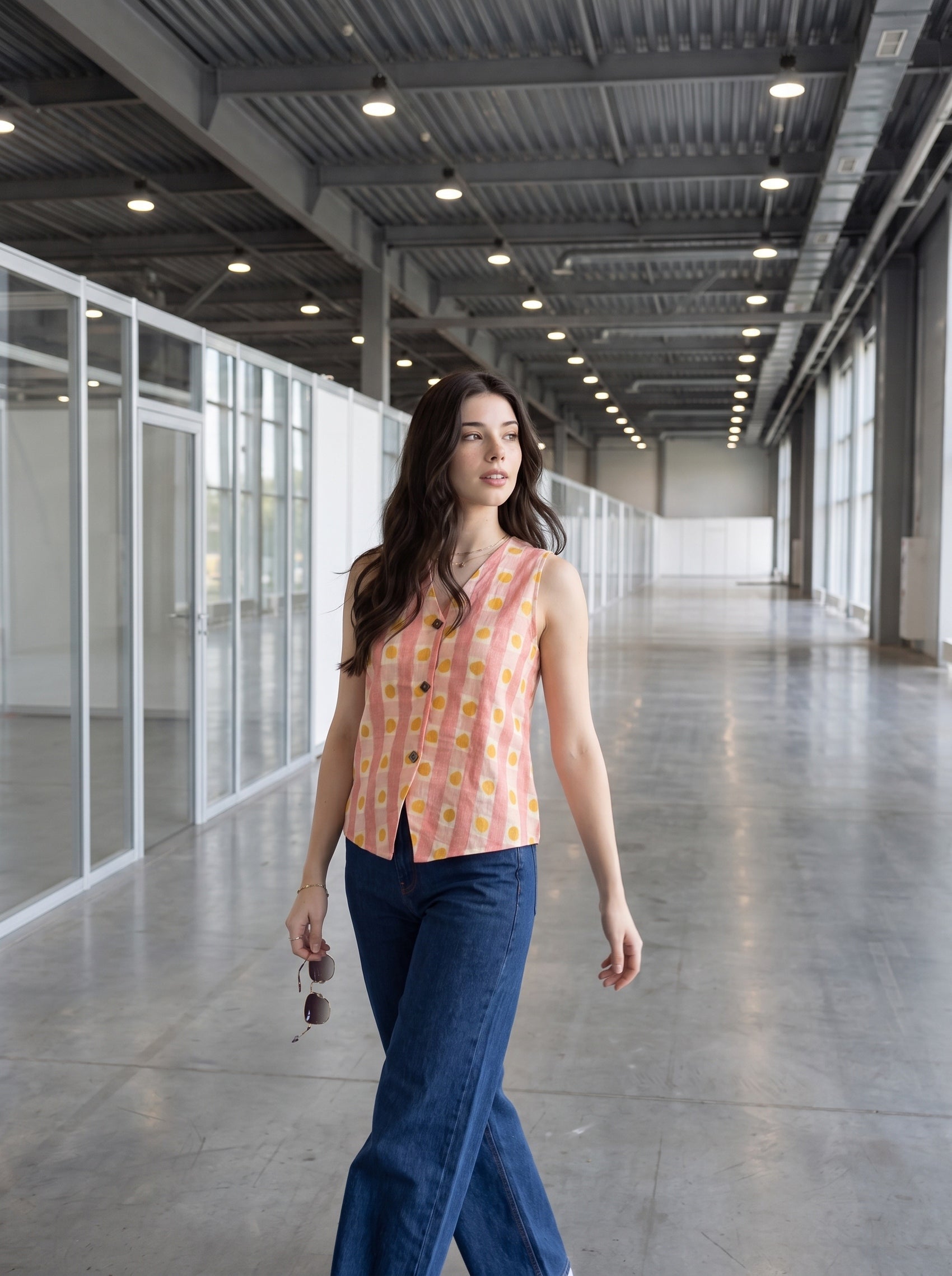 A woman walking down a long, modern industrial loft hallway wearing a sleeveless coral-pink vest with a yellow and orange geometric pattern, paired with dark blue jeans.