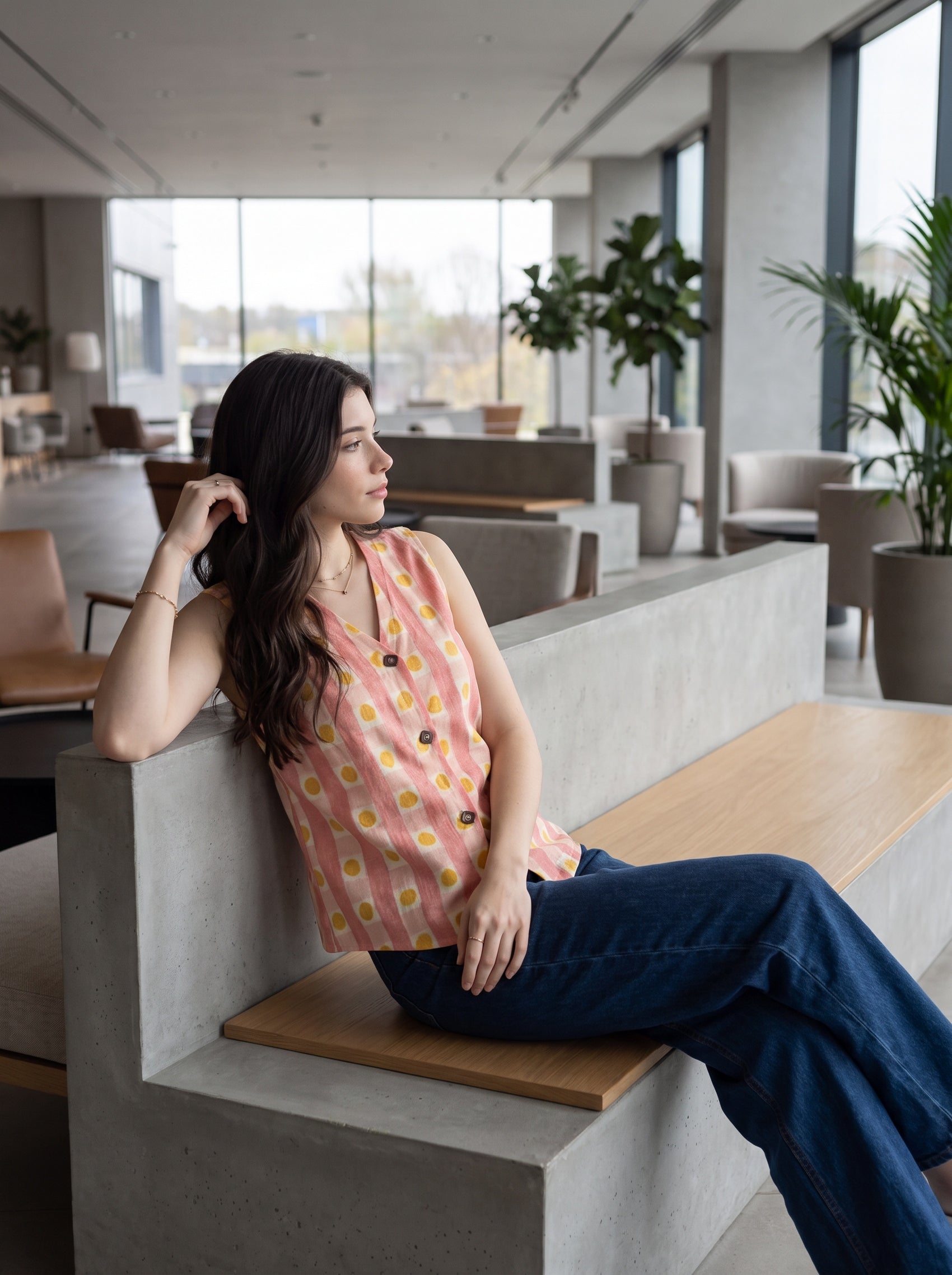 A woman sits on a modern concrete and wood bench in a bright, contemporary office lobby. She is wearing a sleeveless pink top with a yellow and white pattern, paired with dark blue jeans.