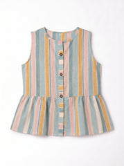 A sleeveless children's top with vertical pastel stripes in blue, pink, yellow, and white, featuring a button-front center and a ruffled peplum hem, shown flat against a white background.