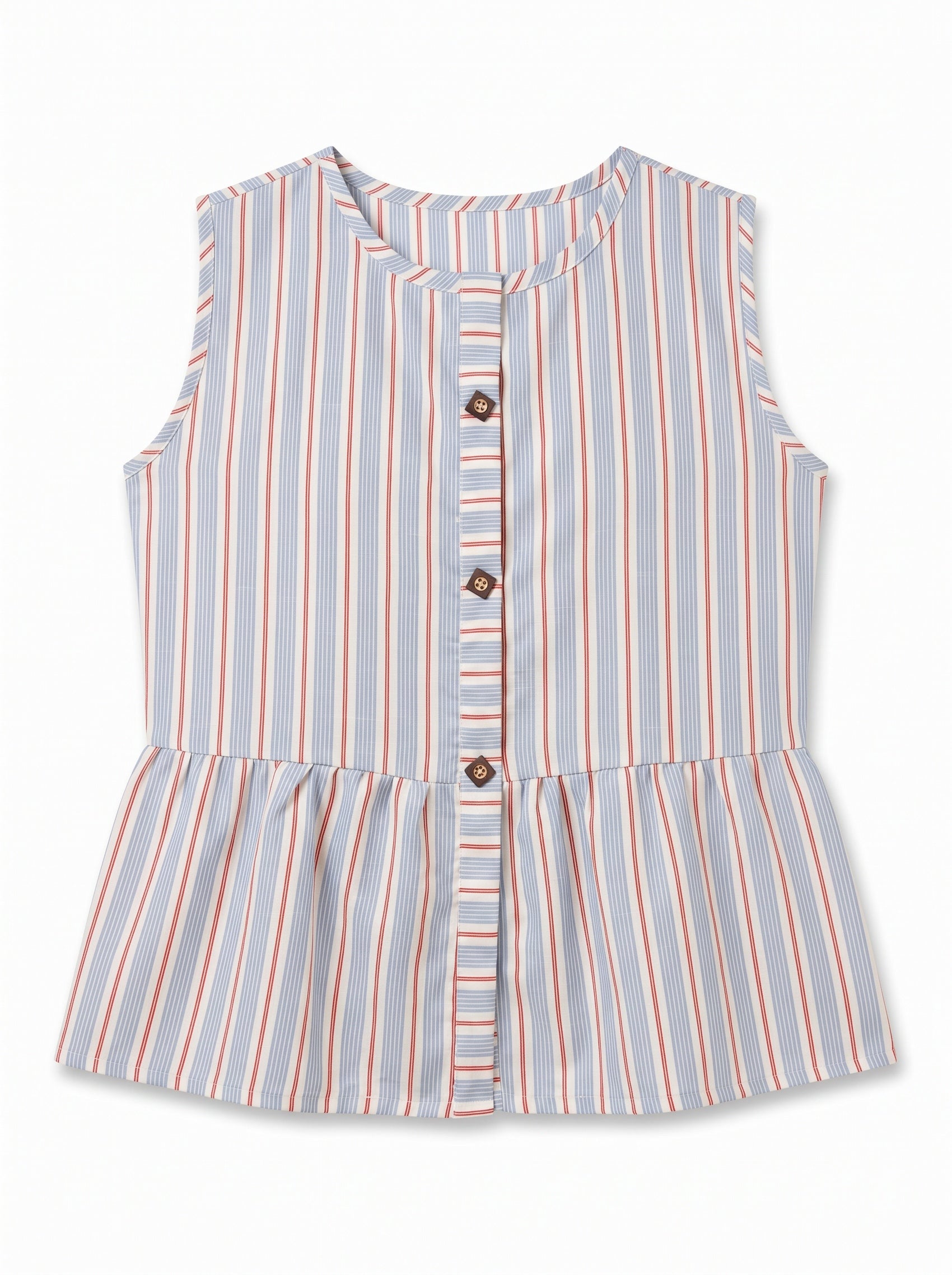 A sleeveless children's top with vertical stripes in light blue, white, and orange, featuring a button-down front and a ruffled peplum hem.