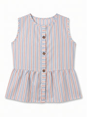 A sleeveless children's top with vertical stripes in light blue, white, and orange, featuring a button-down front and a ruffled peplum hem.