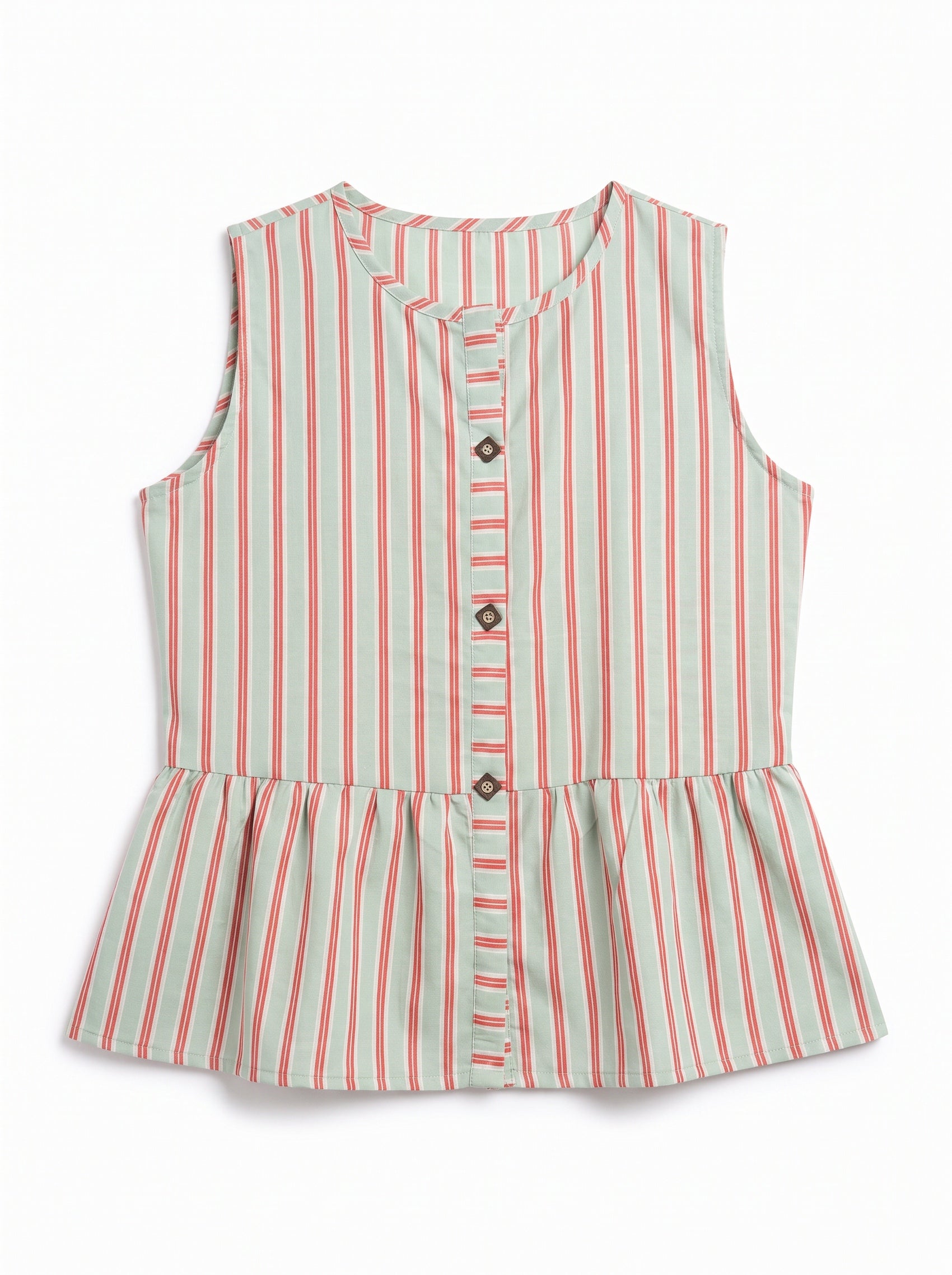 A sleeveless children's top with vertical red and green stripes on a light beige background, featuring a buttoned front and a peplum hem.