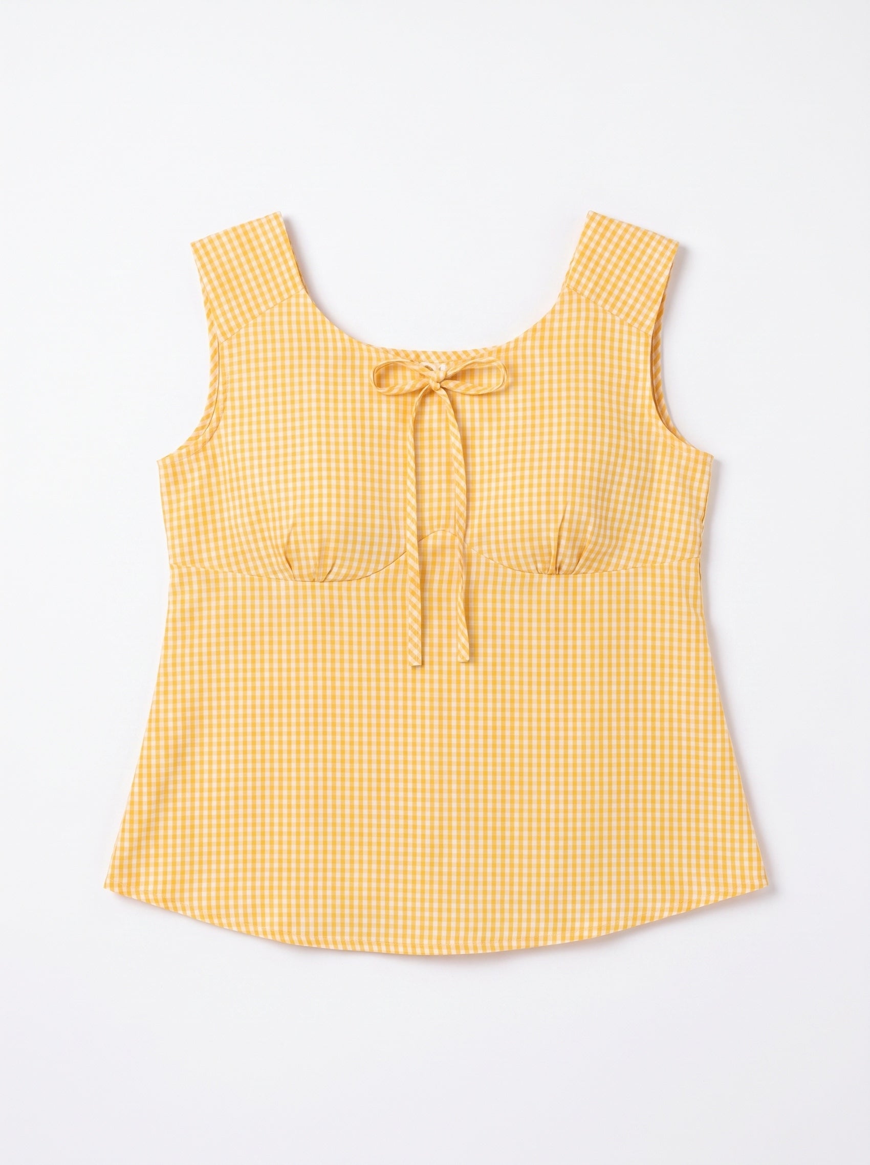 A yellow and white gingham sleeveless top with a scoop neckline, gathered bust, and a front tie detail, shown flat against a white background.