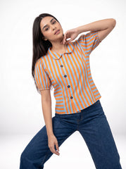 Tangerine Stripe Collared Button-Front Top