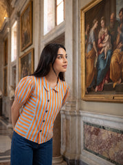 Tangerine Stripe Collared Button-Front Top
