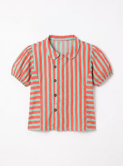 A short-sleeve collared blouse with vertical coral pink and mint green stripes, featuring a button-down front and puff sleeves, shown flat on a white background.