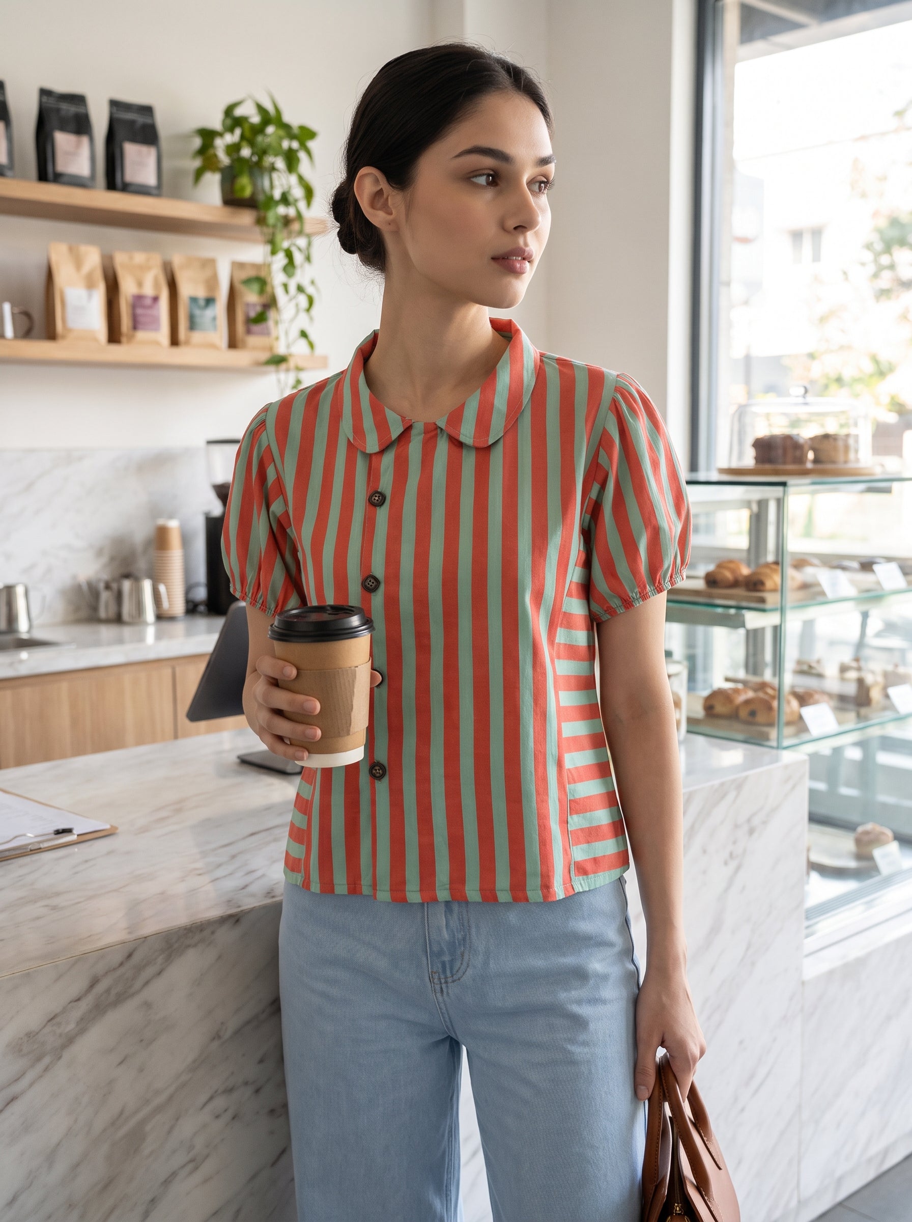 A woman wearing a coral and green vertically striped short-sleeve button-up blouse with a Peter Pan collar, standing in a bright cafe setting and holding a coffee cup.