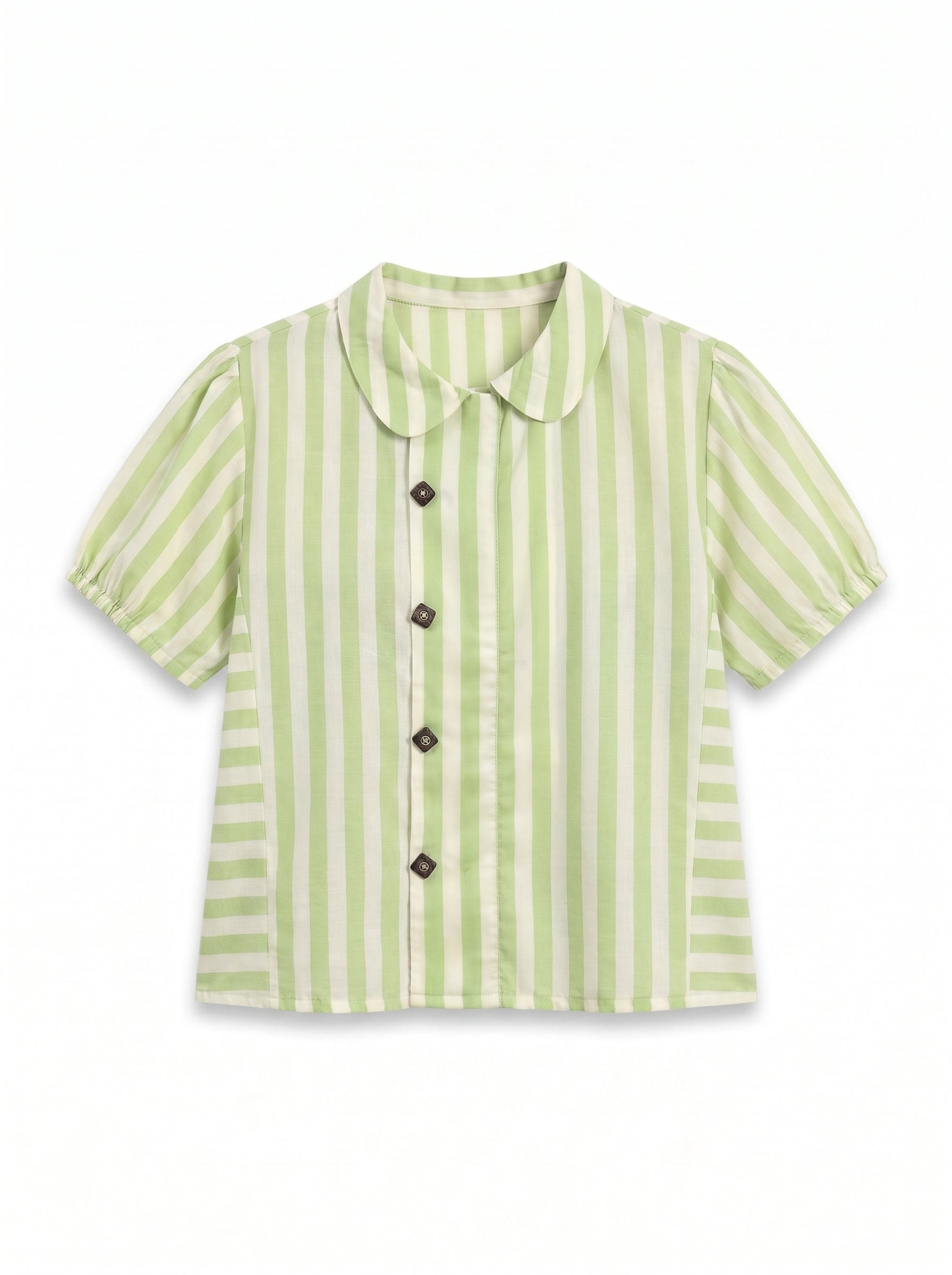 A short-sleeve collared blouse with vertical light green and white stripes, featuring a button-down front with dark brown buttons.
