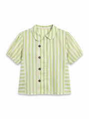 A short-sleeve collared blouse with vertical light green and white stripes, featuring a button-down front with dark brown buttons.