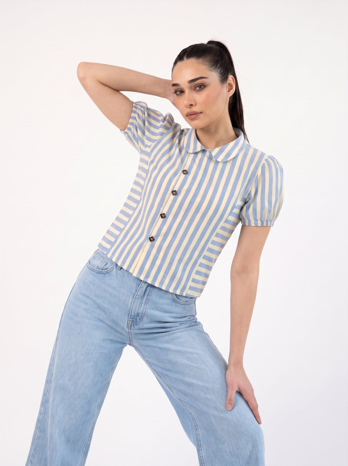 Sky Blue Stripe Peter Pan Collar Button-Front Top