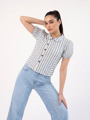 Sky Blue Stripe Peter Pan Collar Button-Front Top