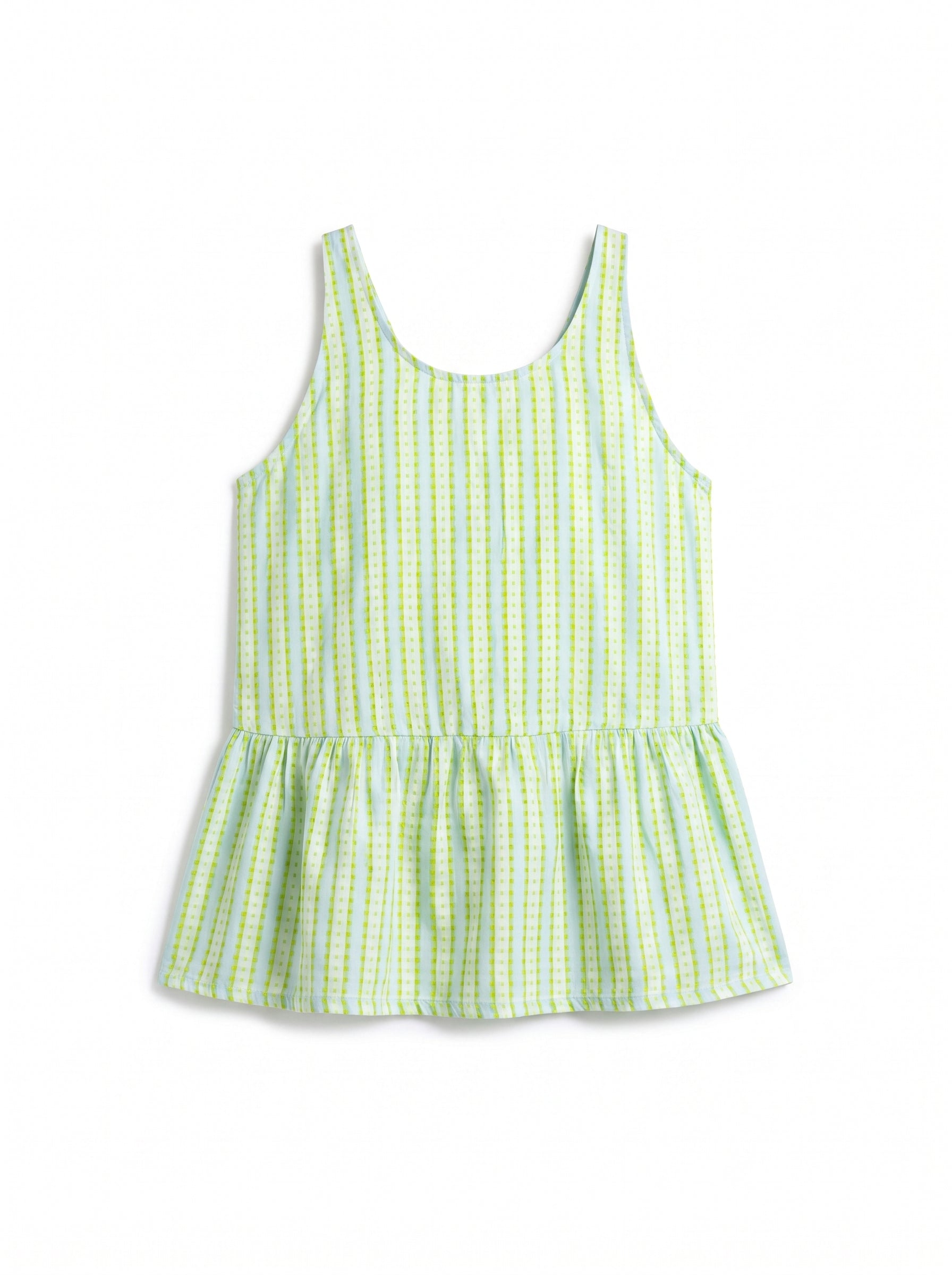 A sleeveless children's top with a green and white gingham pattern, featuring a tiered peplum waist and wide shoulder straps, shown flat against a white background.
