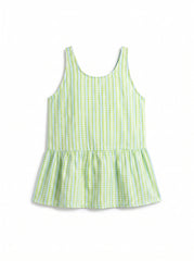 A sleeveless children's top with a green and white gingham pattern, featuring a tiered peplum waist and wide shoulder straps, shown flat against a white background.