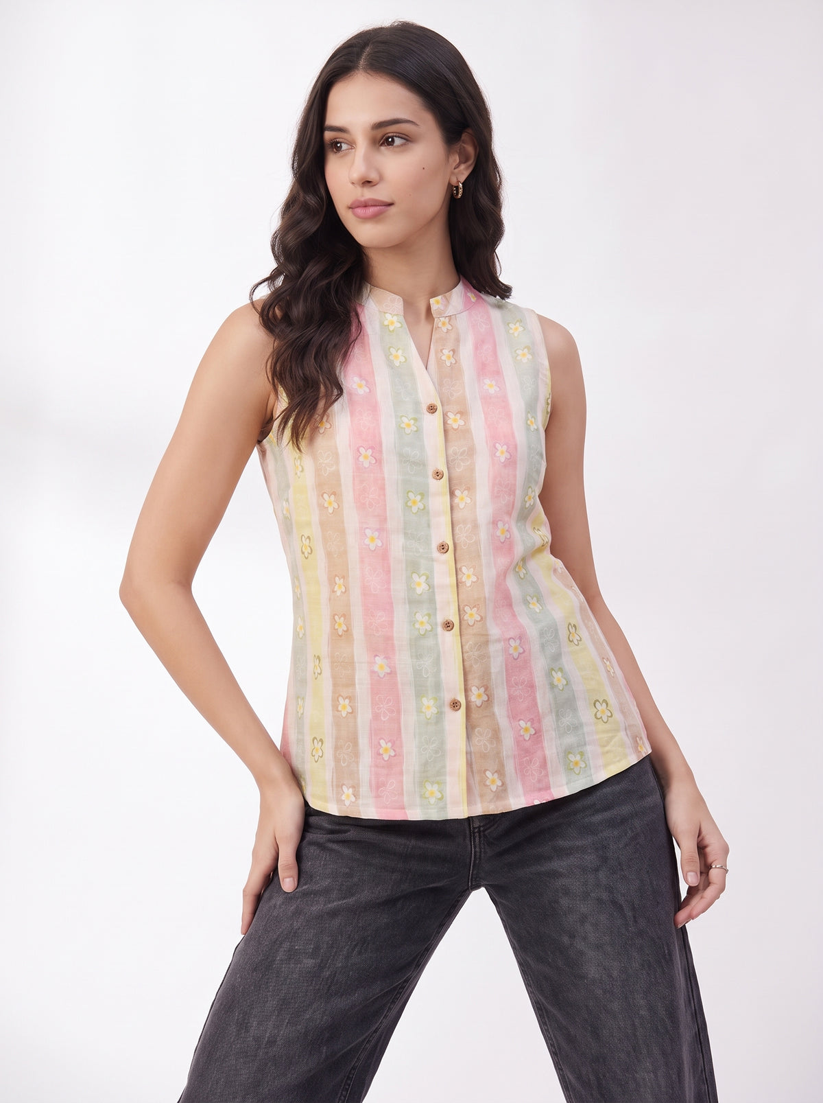 Pastel Daisy Stripe Sleeveless Button-Front Top