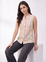 Pastel Daisy Stripe Sleeveless Button-Front Top