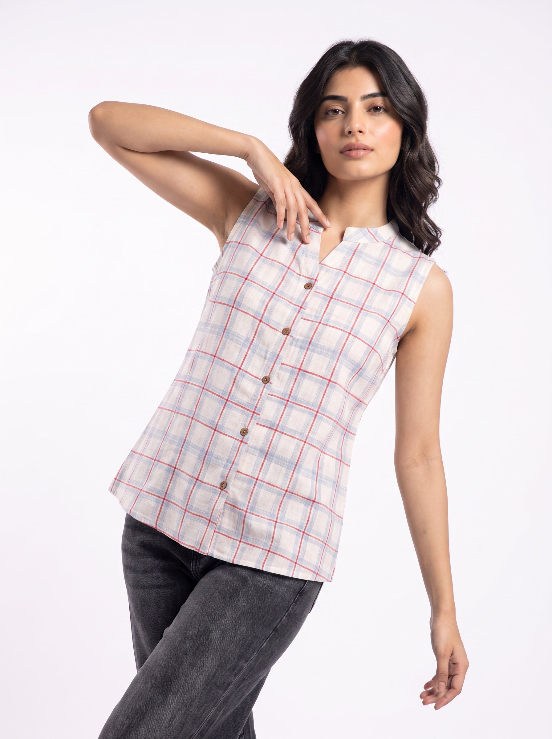 Add a clean and contemporary touch to your wardrobe with this soft blue and red checkered sleeveless top, featuring a neat split neckline and classic front button closure.