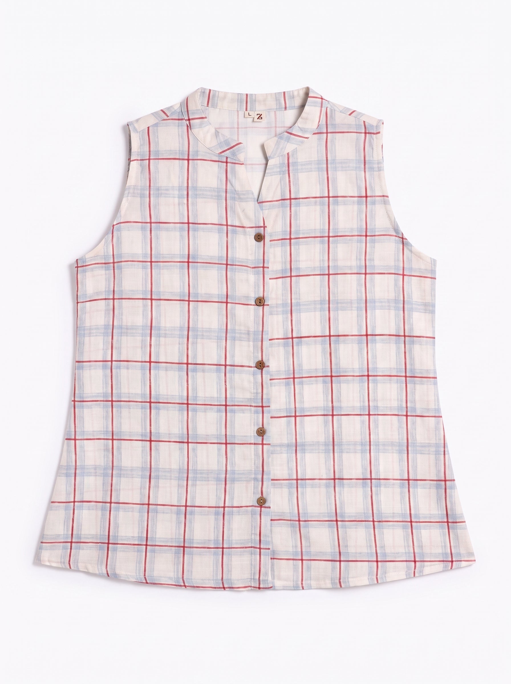 Add a clean and contemporary touch to your wardrobe with this soft blue and red checkered sleeveless top, featuring a neat split neckline and classic front button closure.
