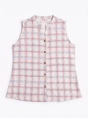 Add a clean and contemporary touch to your wardrobe with this soft blue and red checkered sleeveless top, featuring a neat split neckline and classic front button closure.